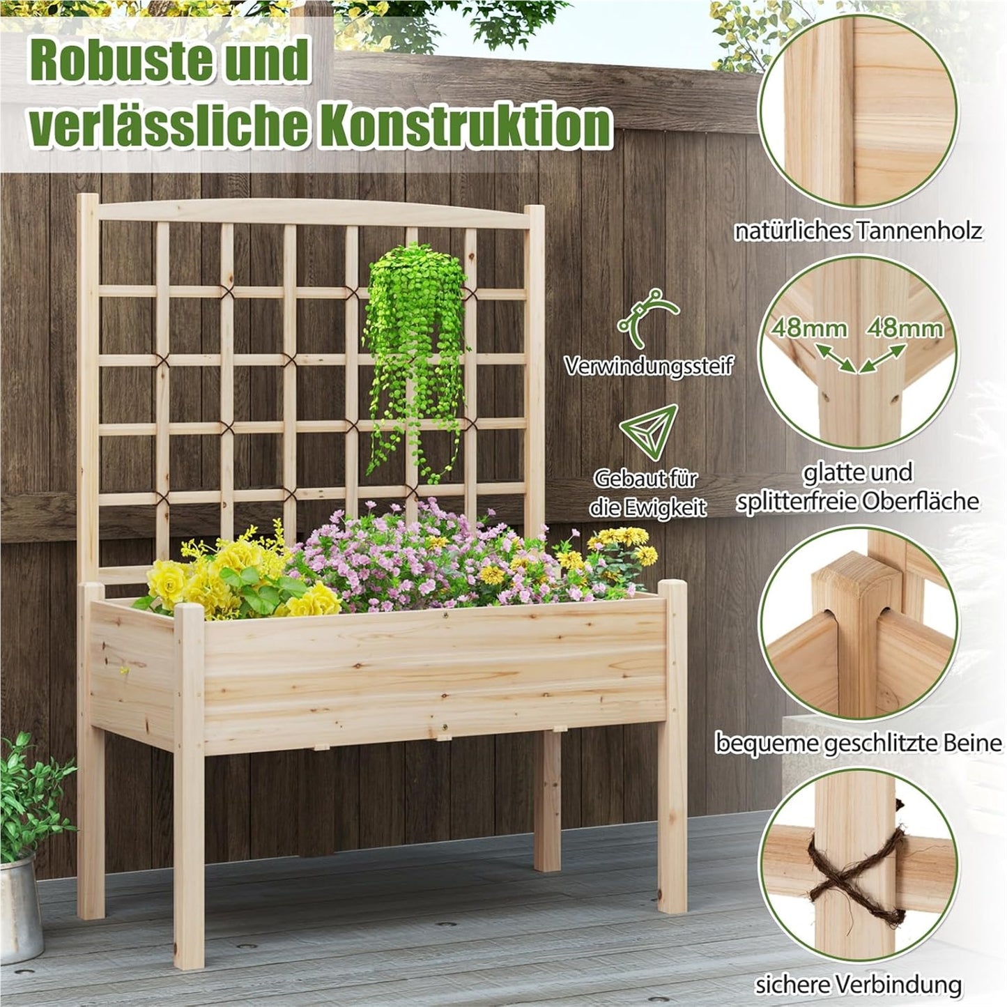 Verhoogde Plantenbak – Bloembak – Moestuinbak – Kruidenbak – Tuinbak Met Klimrek – Natuurlijk Grenenhout – Ingebouwd Klimrek – 4 Drainagegaten – 119 x 60 x 160 cm