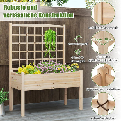 Verhoogde Plantenbak – Bloembak – Moestuinbak – Kruidenbak – Tuinbak Met Klimrek – Natuurlijk Grenenhout – Ingebouwd Klimrek – 4 Drainagegaten – 119 x 60 x 160 cm