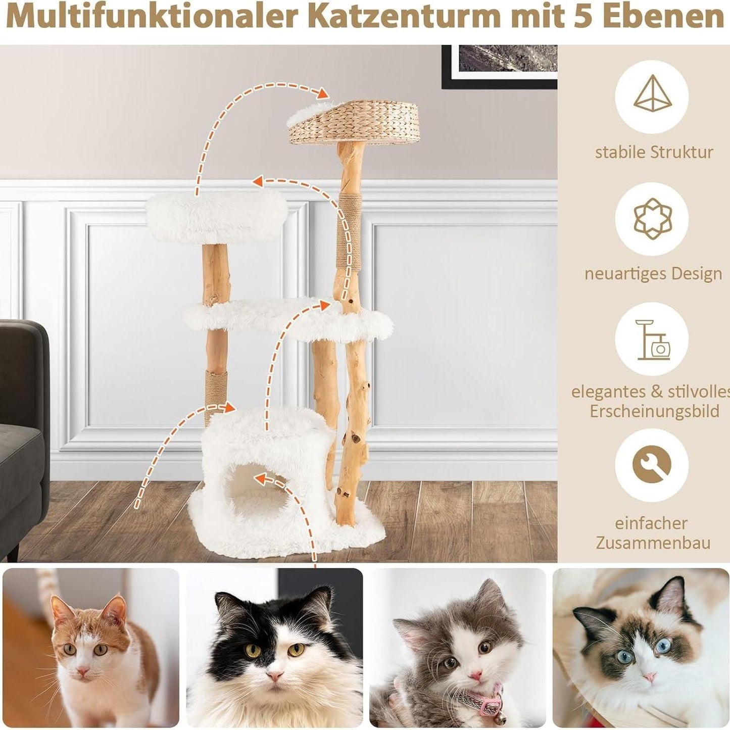 Krabpaal Kat – Krabpaal Met Hol, Krabboom, Kattenpaal, Klimmeubel – 124 cm Hout Wit – Jute Kraboppervlak & Zachte Pluche Zitplaatsen