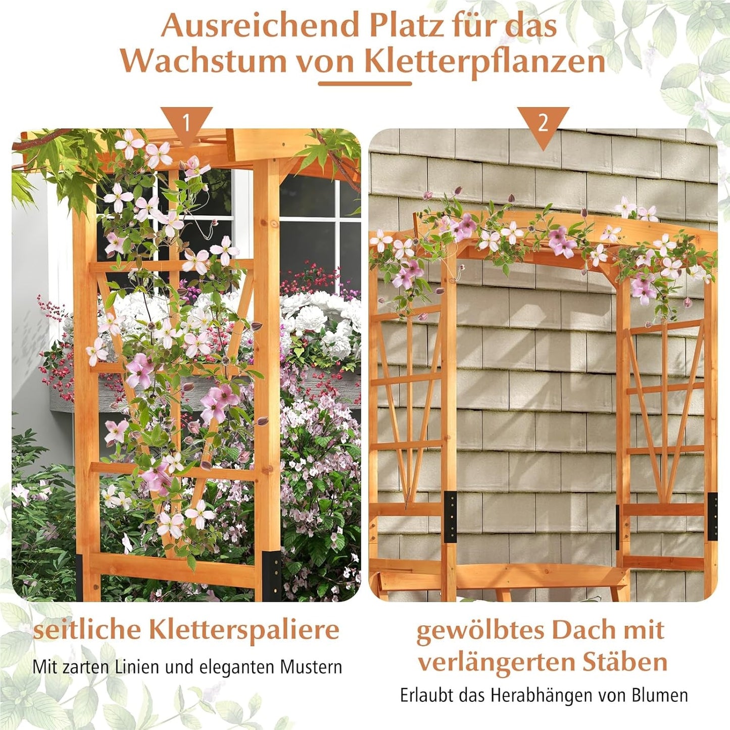 Rozenboog met Bankje – Houten Tuinboog – Klimplant Steun – Tuinbankje – Pergola – 2-Zits Bank – Weerbestendig Dennenhout – 120 x 58 x 189 cm