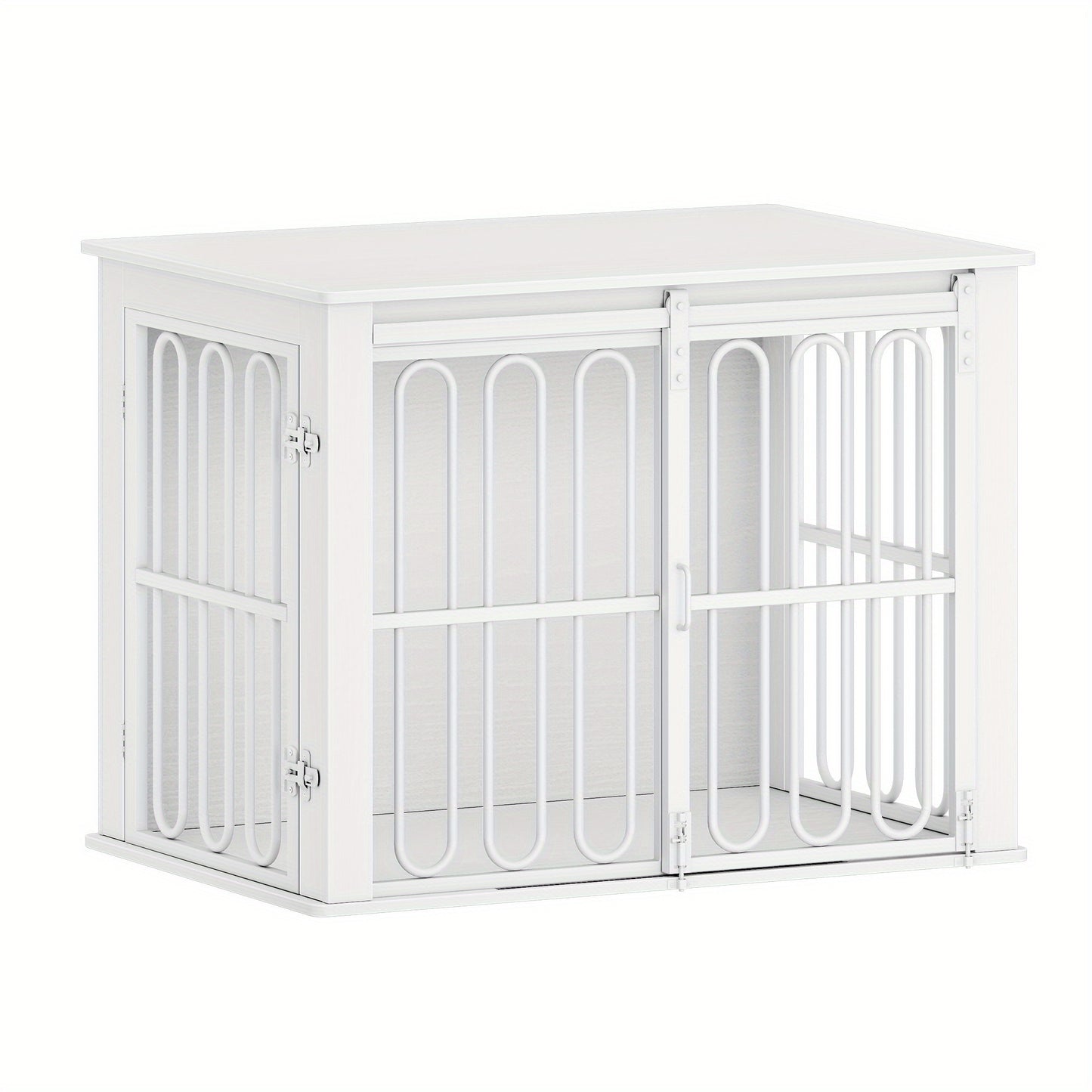 Hondenbench – Hondenkooi – Hondenhok – Hondenrek – Huisdier Bench – Met Zijtafel – Dubbele Deuren – Geschikt Voor Kleine en Middelgrote Honden – Wit Met Houtlook – Stevig Metaal en Waterbestendig Spaanplaat