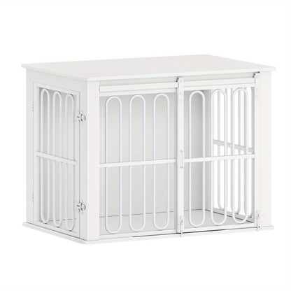 Hondenbench – Hondenkooi – Hondenhok – Hondenrek – Huisdier Bench – Met Zijtafel – Dubbele Deuren – Geschikt Voor Kleine en Middelgrote Honden – Wit Met Houtlook – Stevig Metaal en Waterbestendig Spaanplaat