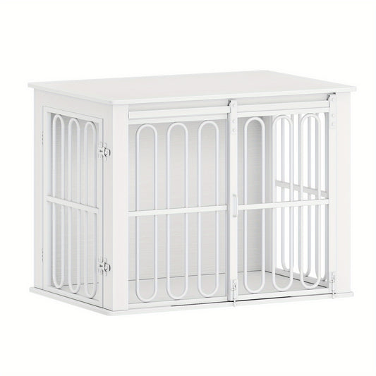 Hondenbench – Hondenkooi – Hondenhok – Hondenrek – Huisdier Bench – Met Zijtafel – Dubbele Deuren – Geschikt Voor Kleine en Middelgrote Honden – Wit Met Houtlook – Stevig Metaal en Waterbestendig Spaanplaat