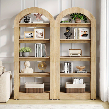 Boekenkast – Boekenrek – Opbergkast – Wandkast – Vakkenkast – Hoogstaand – Boogvormig Ontwerp – Hout & MDF – 5 Planken – Teak Kleur – Ruimtebesparend – 22,5 kg Draagvermogen per Plank