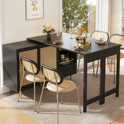 Bartafel – Statafel – Barmeubel – Bistrotafel – Keukentafel – 360° Draaibaar Tafelblad – Met Opbergruimte en Rattan Deur – Zwart Metaal