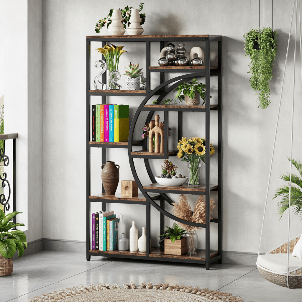 Boekenkast – Boekenrek – Opbergkast – Wandkast – Vakkenkast – Industrieel Design – 9 Open Planken – Robuust Zwart Metalen Frame met Natuurlijke Houtnerf