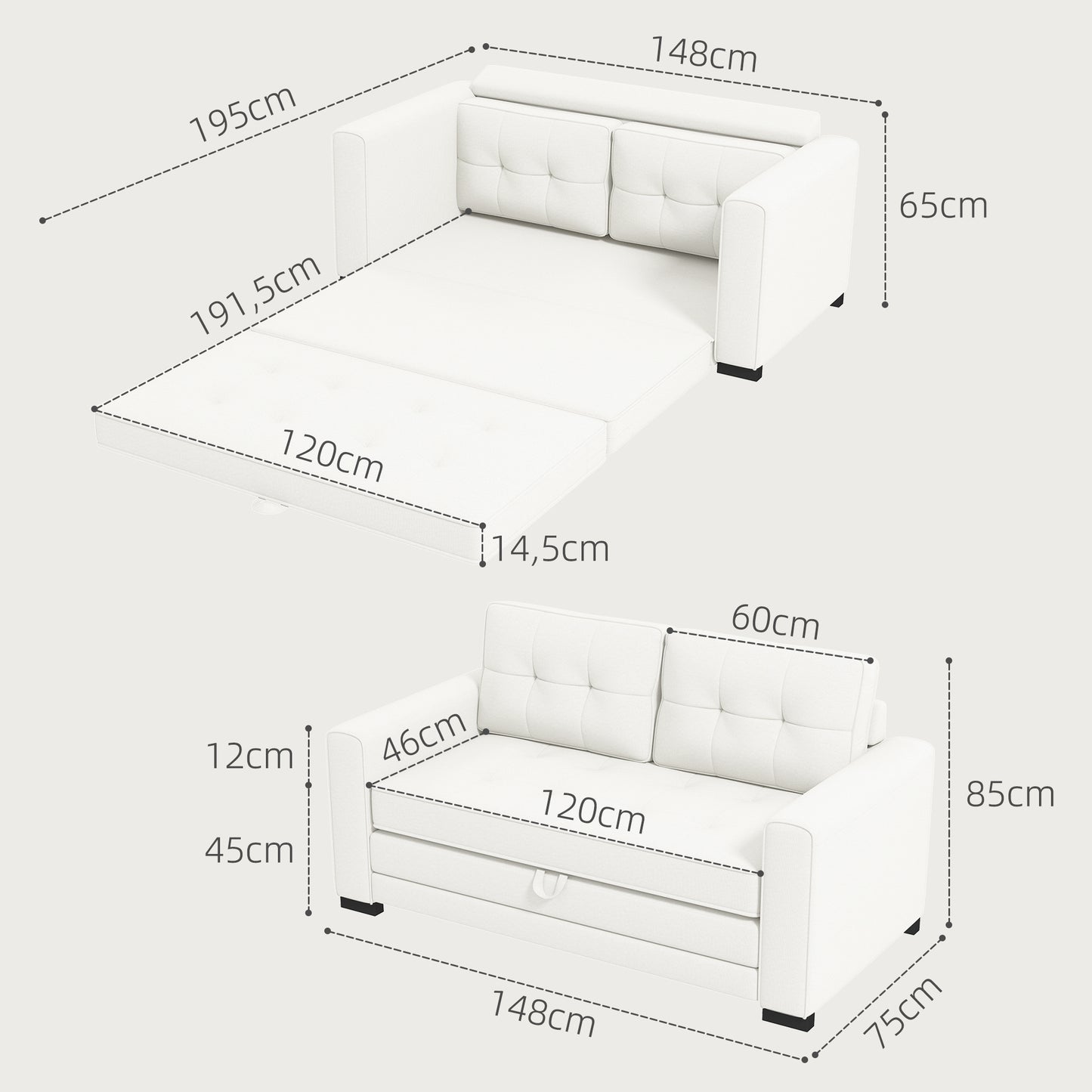 2-zits Slaapbank – Slaapbankje – Bedbank – Logeerbed – Sofa Bed – Linnenlook Stof – Uitklapbaar Tot 195x148 cm – Comfortabel Hoogwaardig Schuim