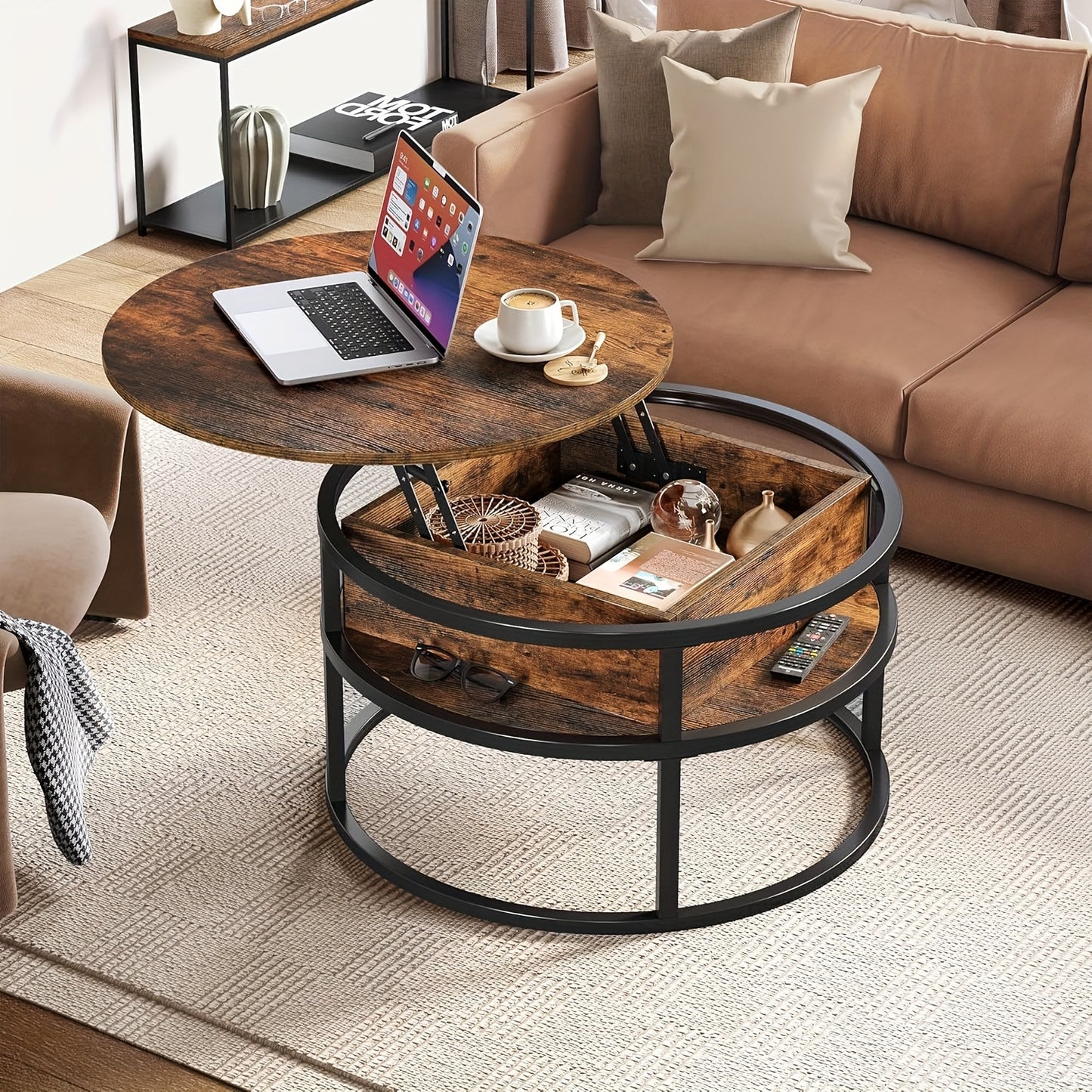 Ronde Salontafel – Koffietafel – Bijzettafel – Woonkamertafel – Opbergtafel – Met Verborgen Opbergruimte – Lift-Top Design – Geperst Hout Met Metaal