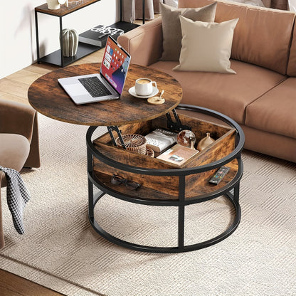 Ronde Salontafel – Koffietafel – Bijzettafel – Woonkamertafel – Opbergtafel – Met Verborgen Opbergruimte – Lift-Top Design – Geperst Hout Met Metaal