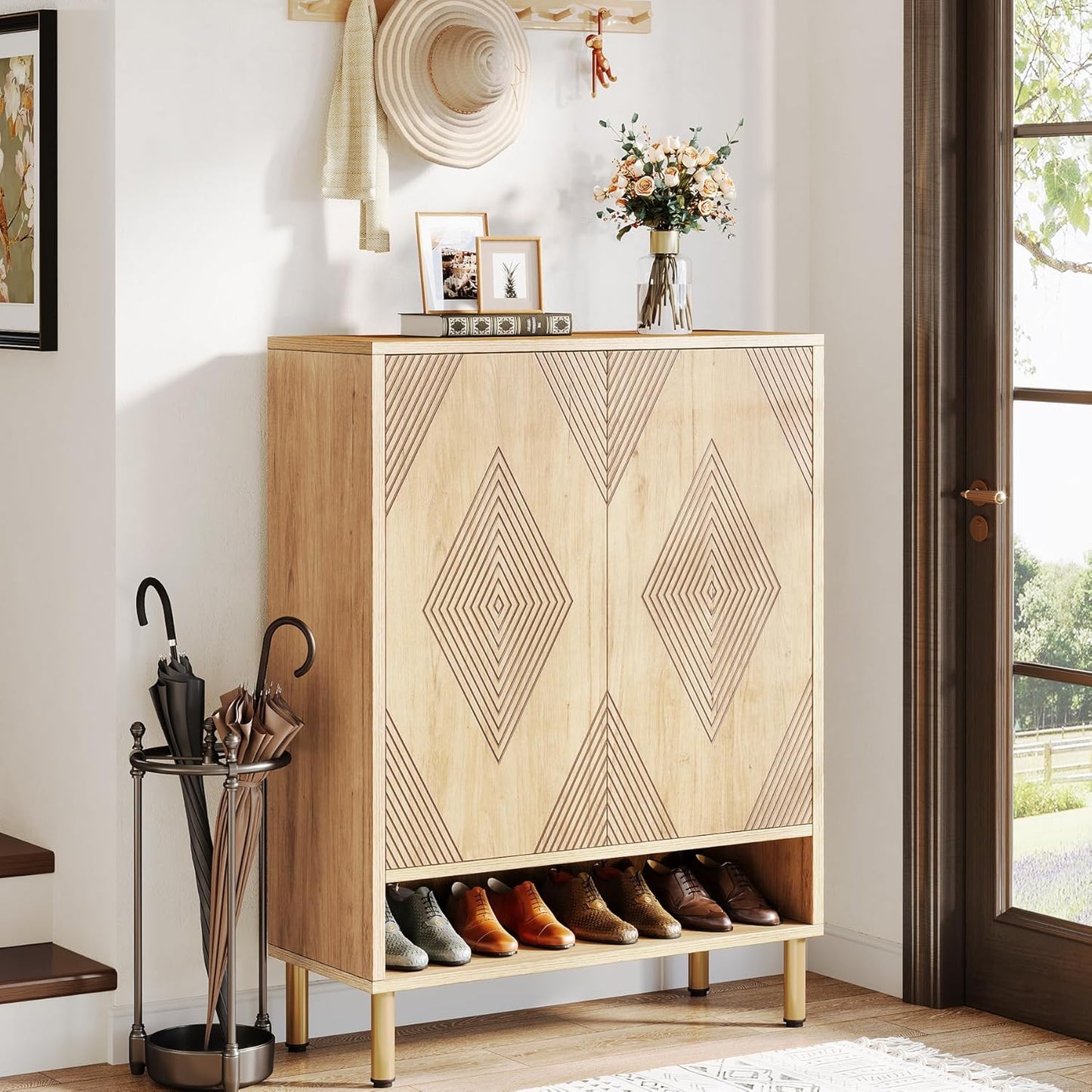 Schoenenkast – Schoenenrek – Schoenenopberger – Halkast – Schoenenbank – Smal Design – 25 Paar Schoenen – Houten Kast Met Goud Metalen Frame – 73x35x115 cm