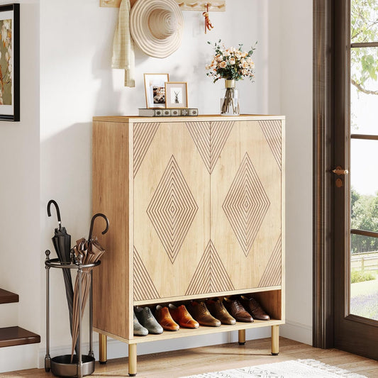 Schoenenkast – Schoenenrek – Schoenenopberger – Halkast – Schoenenbank – Smal Design – 25 Paar Schoenen – Houten Kast Met Goud Metalen Frame – 73x35x115 cm
