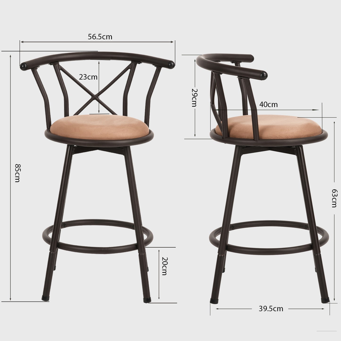 Barkruk – Barstoel – Keukenstoel – Bistrokruk – Draaistoel – 360° Draaibaar – Zachte Stoffen Zitting 63 cm Hoog – Stabiel Metalen Frame Bruin