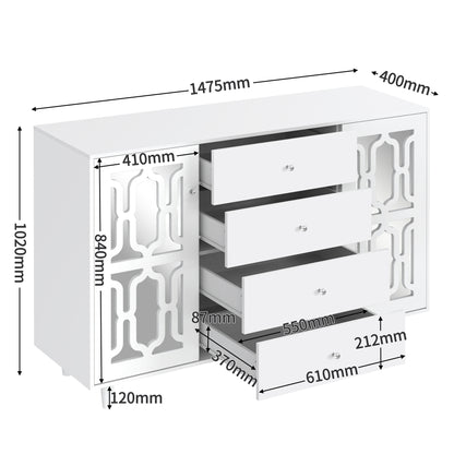 Dressoir – Sideboard – Opbergkast – Ladekast – Witte Spiegeldeuren – Kristalgrepen – 147,5x40x102 cm – Verstelbare Binnenplanken