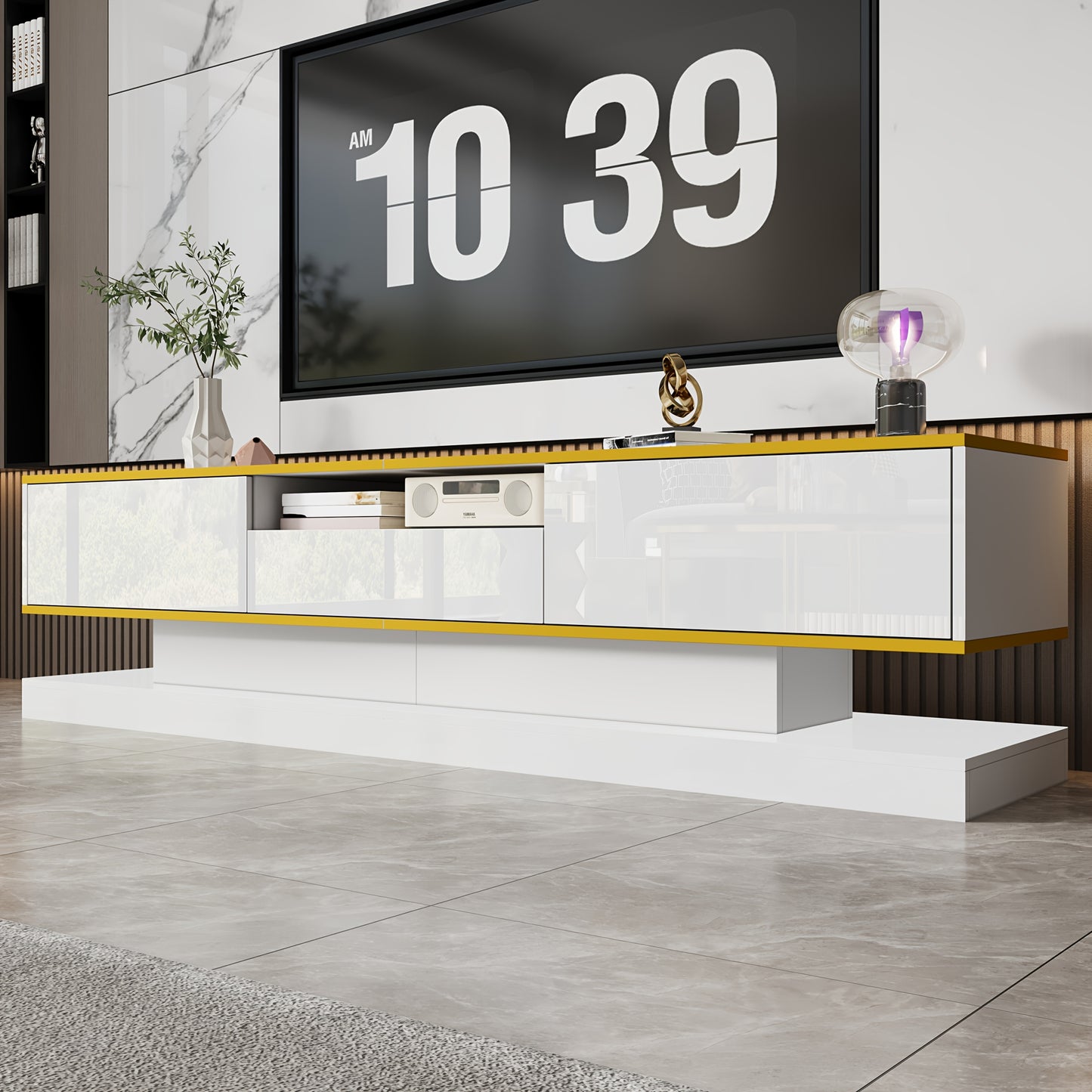 Tv Meubel – TV Kast – TV Meubelkast – Mediameubel – Entertainmentkast – Modern Design – Hoogglans Wit – 180x38x45 cm – 3 Lades en Open Vak – Zonder Stroom