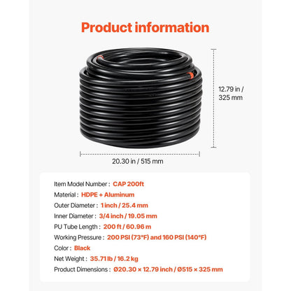 Compressorslang – Persluchtslang – Luchtslang – Spiraalslang – Compressorslangset – 3/4" x 200 voet – HDPE-Aluminium Drie-Lagen – Werkdruk tot 13,8 bar