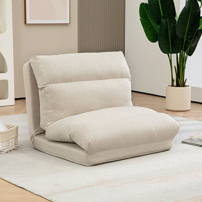Vloerstol – Vloerstolletje – Inklapbare Zitstoel – Relaxstoel – Vloerbed – Verstelbare Rugleuning 6-standen – Dikke Comfortabele Kussenlaag – Beige Linnenlook