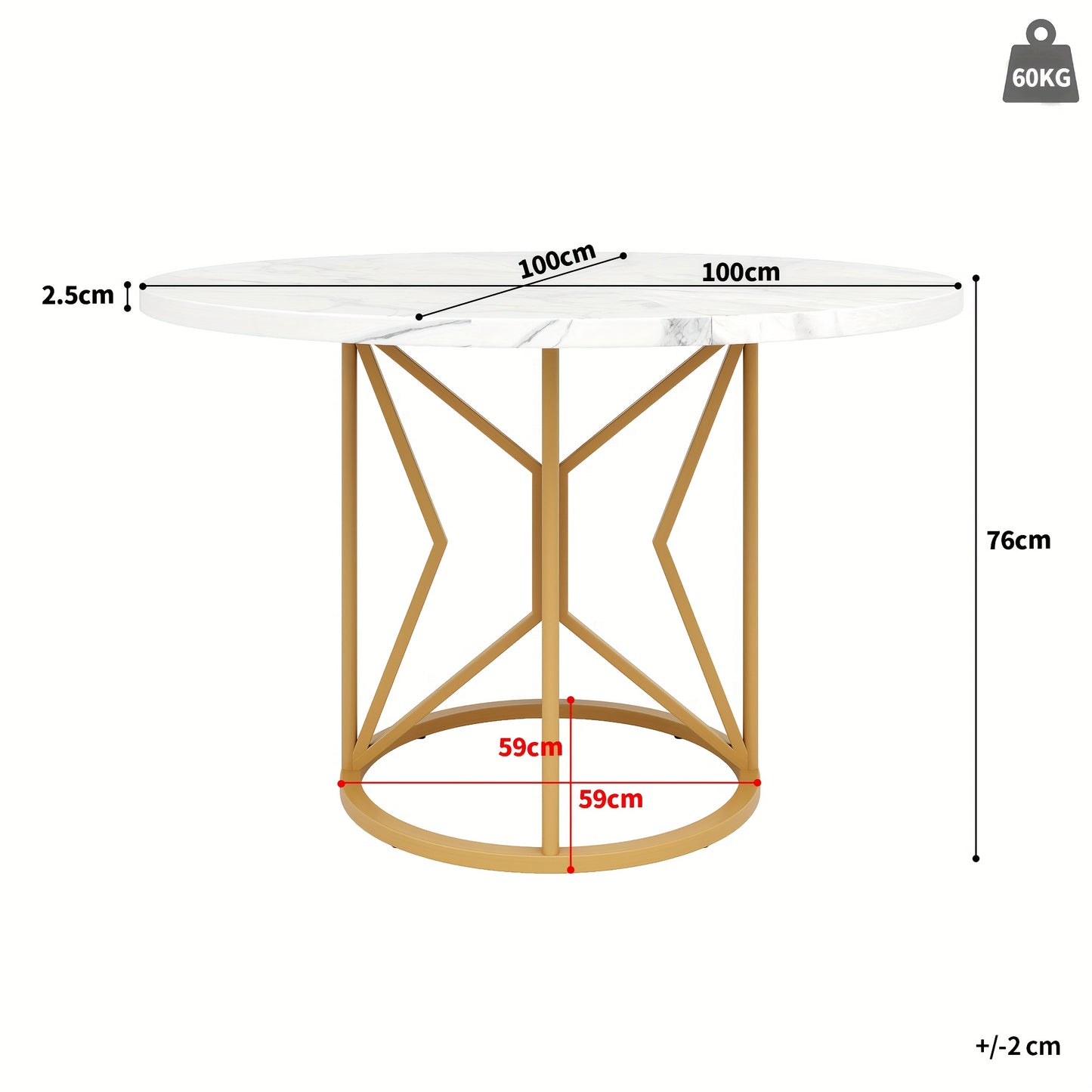 Round Dining Table (100×100×76cm), Kitchen & Coffee table for 4-6 People, Suitable as Living Room or Eating Area Furniture with Geometric Metal Legs and Golden Marble MDF Top, Table for Dining Room, Round Kitchen Table, Rec