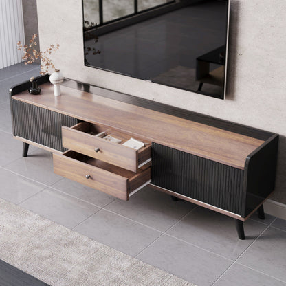 TV-meubel – Tv-kast – Lowboard – Dressoir – Tv-onderkast – Verstelbaar 101,6-124,5 cm – Zwarte Spaanplaat – Twee Schuifdeuren en Lades