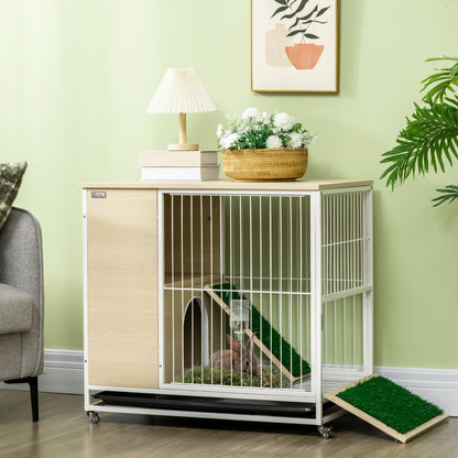 Konijnenkooi – Houten Dierenhok – Knaagdierkooi – Dierenverblijf – Kooi Met Wielen – Met Openend Dak – Platformen Met Verwijderbare Lade – 78 x 52,5 x 76,5 cm – Natuurlijk Hout