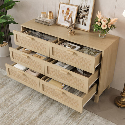 Ladekast – Ladenkast – Commode – Opbergkast – Kast – Bamboe met rieten frontjes – 6 lades, 3,2 kubieke voet opbergruimte – 69 cm hoog, eenvoudig te monteren