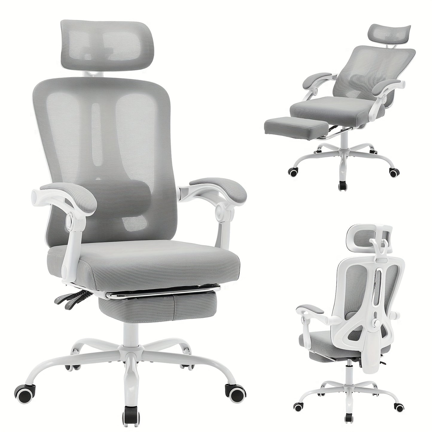 Ergonomische Bureaustoel – Bureaustoel Met Voetensteun – Kantoorstoel – Comfortabele Werkstoel – Gamestoel – Verstelbare Lendensteun – Ademend Mesh – 360° Draaibaar Met Metalen Frame – Grijs