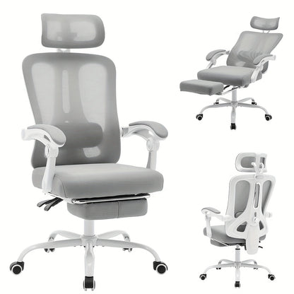 Ergonomische Bureaustoel – Bureaustoel Met Voetensteun – Kantoorstoel – Comfortabele Werkstoel – Gamestoel – Verstelbare Lendensteun – Ademend Mesh – 360° Draaibaar Met Metalen Frame – Grijs
