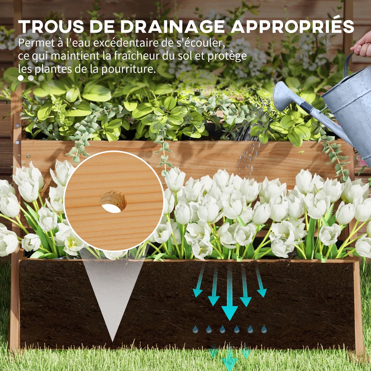 Outsunny Elevated Square Planter on Legs 3-Tier Garden Bed with Irrigation Inserts And Felt Drainage Wooden for Outdoor, 108L X 80W X 140H Cm