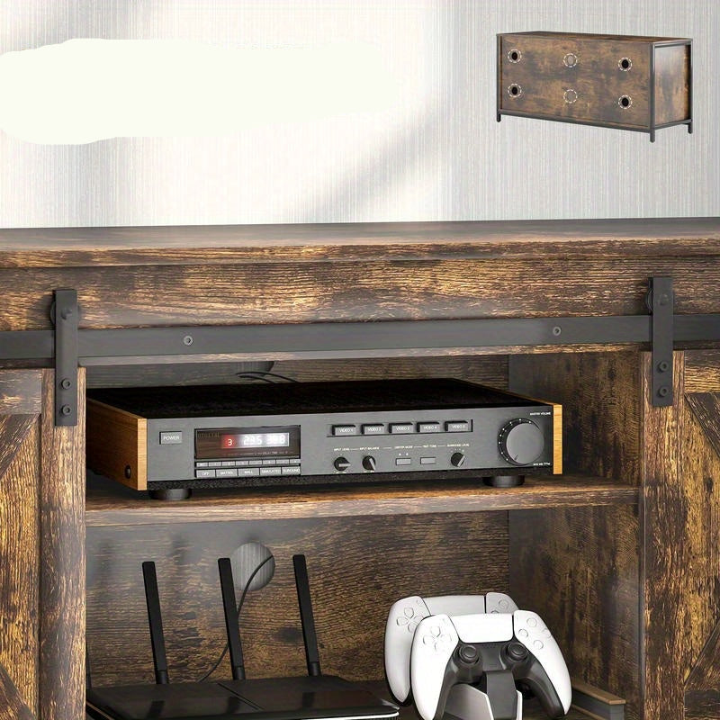 Tv-meubel – Tv-standaard – Tv-kast – Media Console – Tv-dressoir – Industrieel Modern – Houten Massief Hardhout – 6 Vakken Met Schuifdeuren