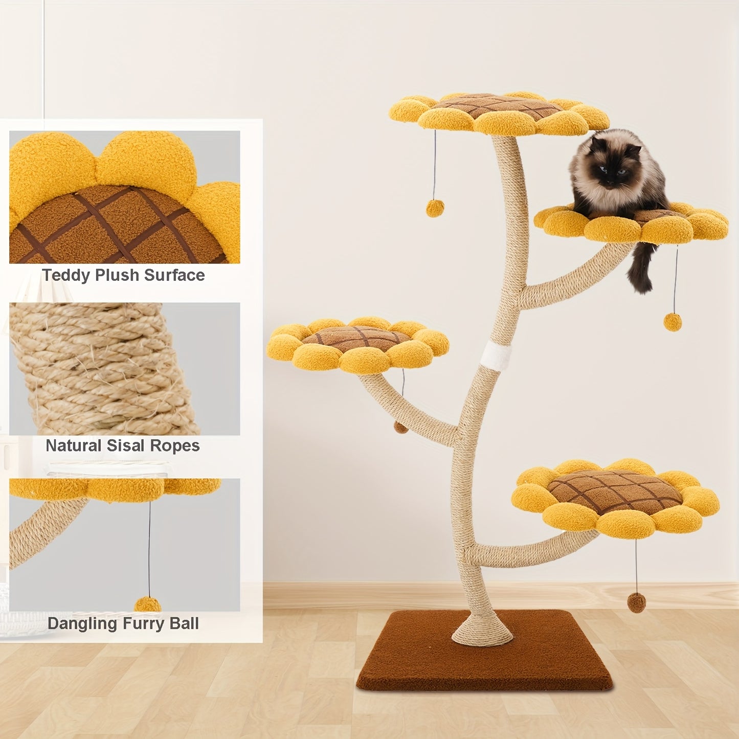 141.99cm Tall Sunflower Cat Tower for Large Cats - Sturdy Alloy Multi-Level Cat Tree with 4 Plush Flower Perches, Sisal Scratching Posts & Hanging - Modern Indoor Activity Center for Play & Relaxation, Cute Cat Tree, Feline A