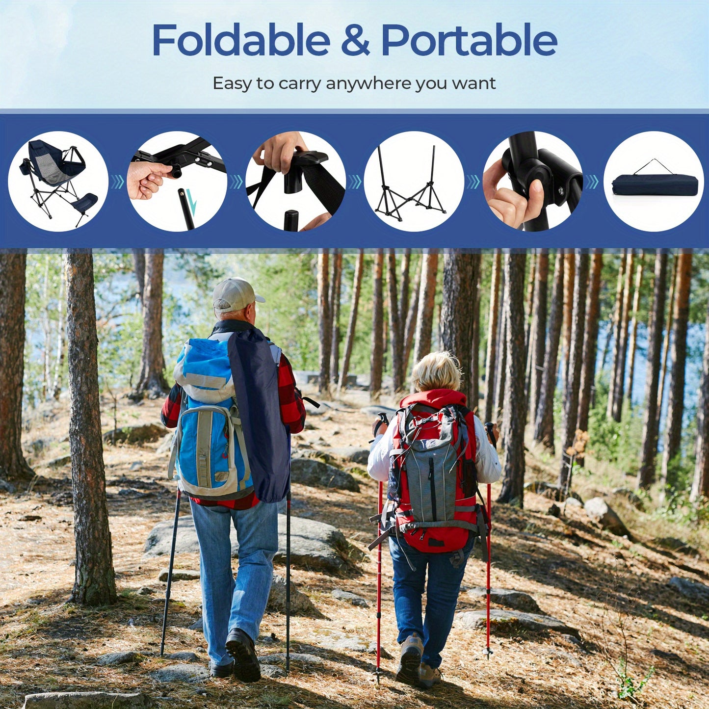 Campingstoel – Vouwstoel – Kampeerstoel – Visstoel – Strandstoel – Verstelbare Rugleuning – Uitschuifbare Voetensteun – Gevoerd Hoofdkussen – Roestvrij Metalen Frame – Navy Blauw