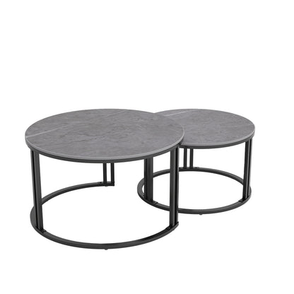 Salontafelset – Salontafels – Bijzettafels – Nesting Tafels – Ronde Tafels – Gesinterd Steen Blad – Metalen Onderstel – Set van 2