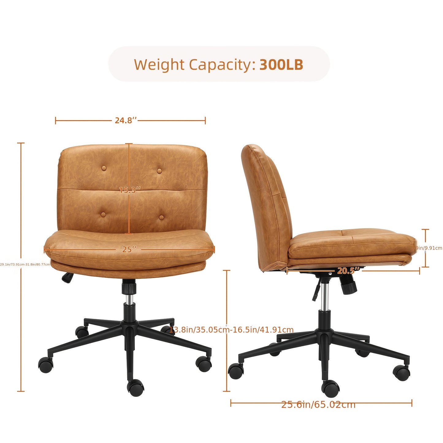 Bureaustoel – Office Chair – Make-up Stoel – Sleek Chair – Werkstoel – Ergonomisch Ontwerp – 360° Draaibaar Met Verstelbare Zithoogte – Bruin Kunstleer & Stevig Metaal