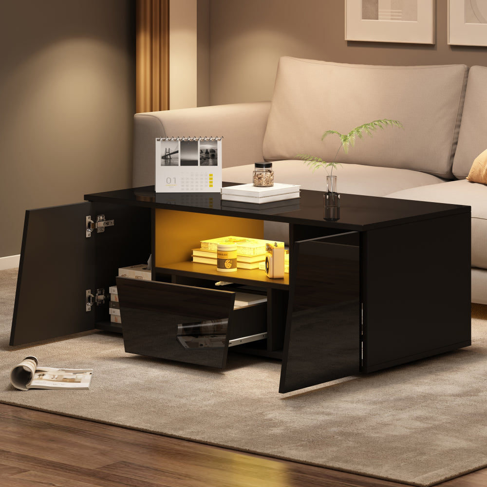Salontafel – Koffietafel – Woonkamertafel – Bijzettafel – Tafel – Glanzend Wit – 2 Kasten & 1 Lade – 100x50x40 cm – Onregelmatige Vorm – Duurzaam & Gemakkelijk te Monteren