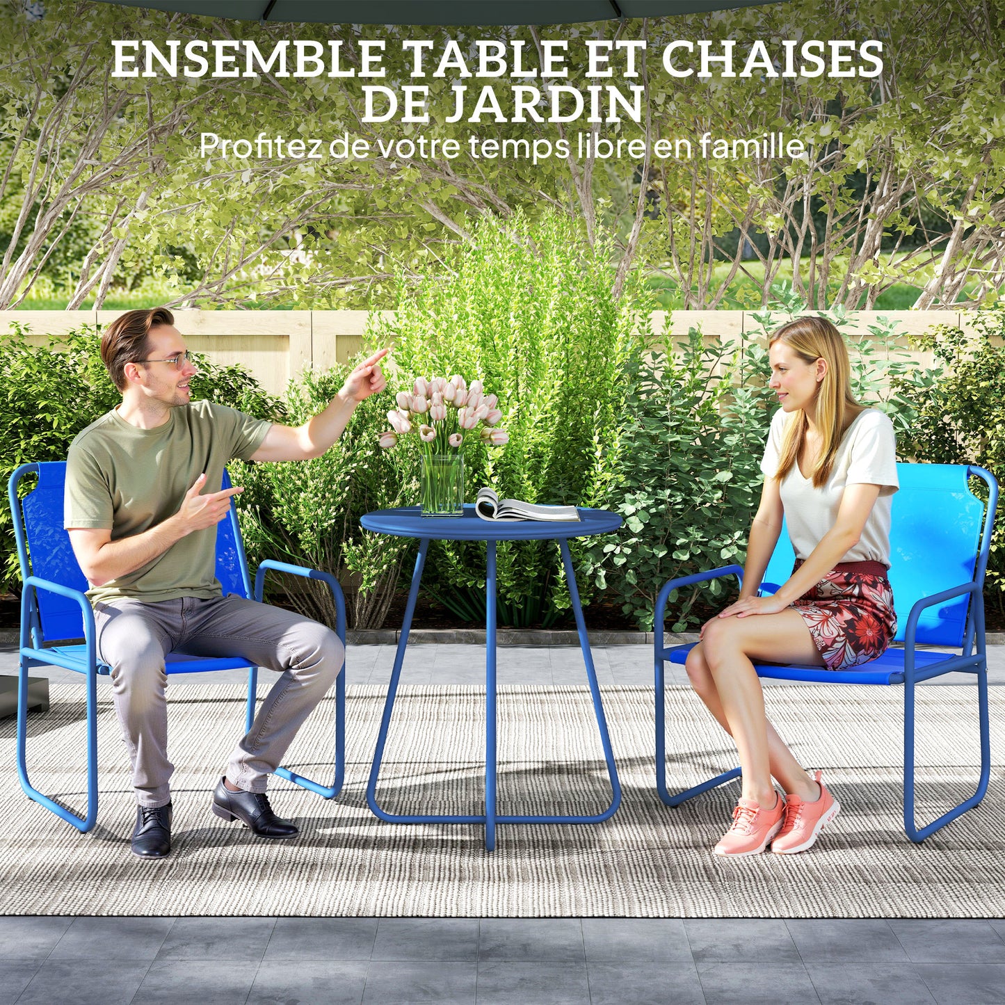 Tuinset – Tuinmeubilair – Terrasset – Bistroset – Loungeset – 2 Stoelen en Ronde Tafel – Stalen Frame en Ademend Textileen – Donkerblauw