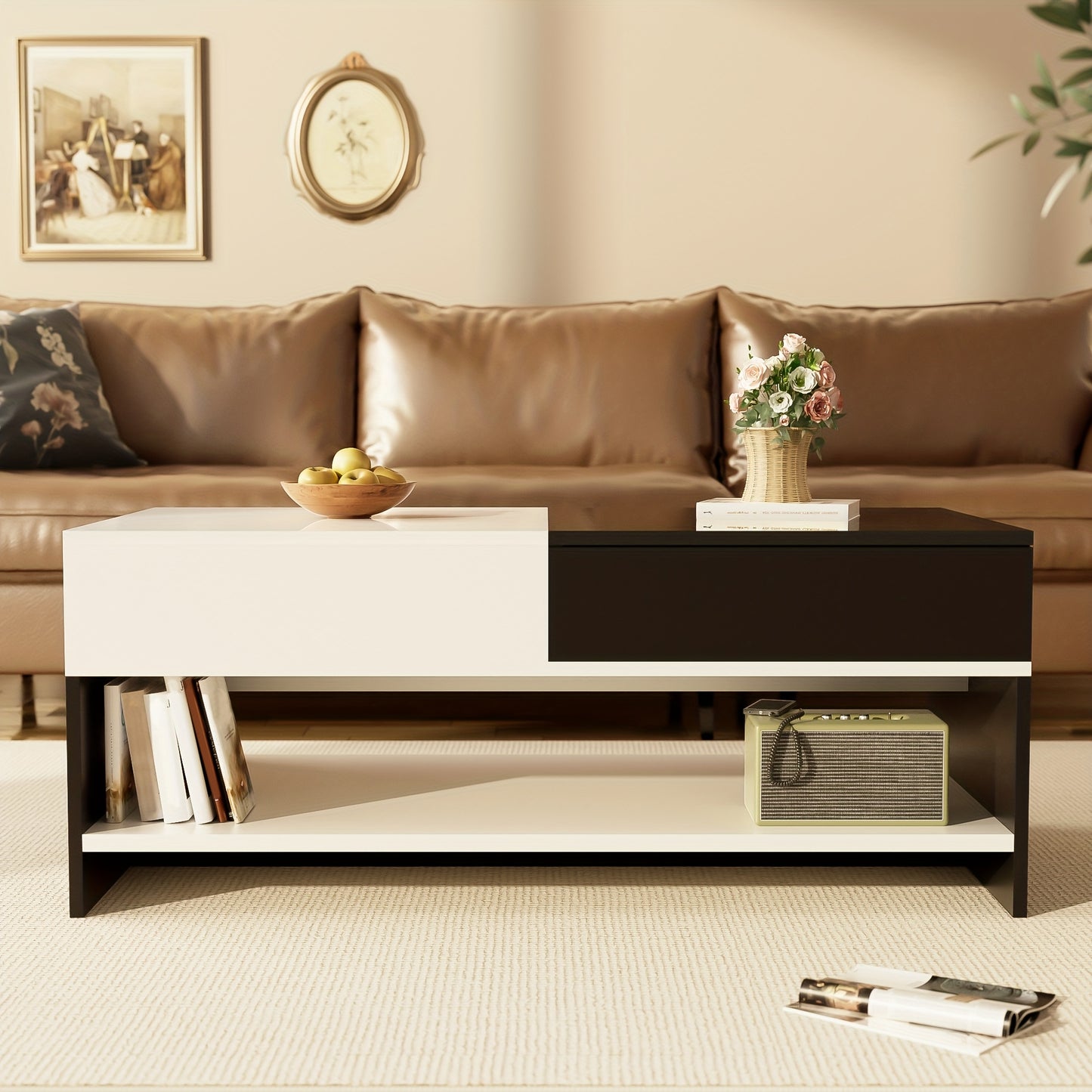 Salontafel – Koffietafel – Bijzettafel – Woonkamertafel – Tafel – Zwart Wit Design – 2 Laden Opbergruimte – Hoogglans 100 cm
