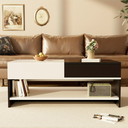 Salontafel – Koffietafel – Bijzettafel – Woonkamertafel – Tafel – Zwart Wit Design – 2 Laden Opbergruimte – Hoogglans 100 cm