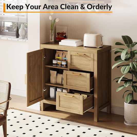 Modern Farmhouse Buffet Cabinet with 3-Drawer Storage & Coffee Bar - Walnut Freestanding Sideboard Suitable for Living Room, Dining Room, Entryway - Spacious Credenza/Console Cabinet with Assembly Included