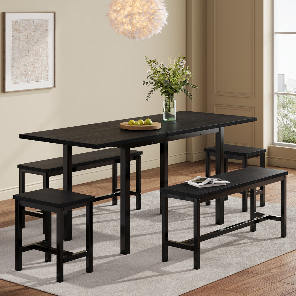 Eettafel Set – Eetkamerset – Keukentafel Set – Zitgroep – Uitschuifbare Tafel – 160x70x75 cm – Inklapbaar – Zwart – Stevig Metalen Frame – Ruimtebesparend Modern Design