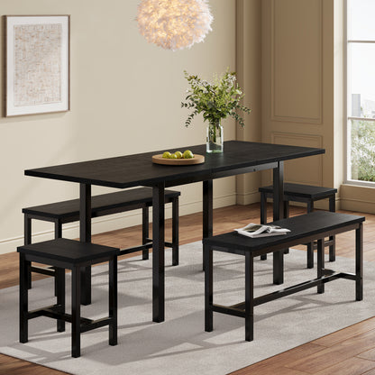 Eettafel Set – Eetkamerset – Keukentafel Set – Zitgroep – Uitschuifbare Tafel – 160x70x75 cm – Inklapbaar – Zwart – Stevig Metalen Frame – Ruimtebesparend Modern Design