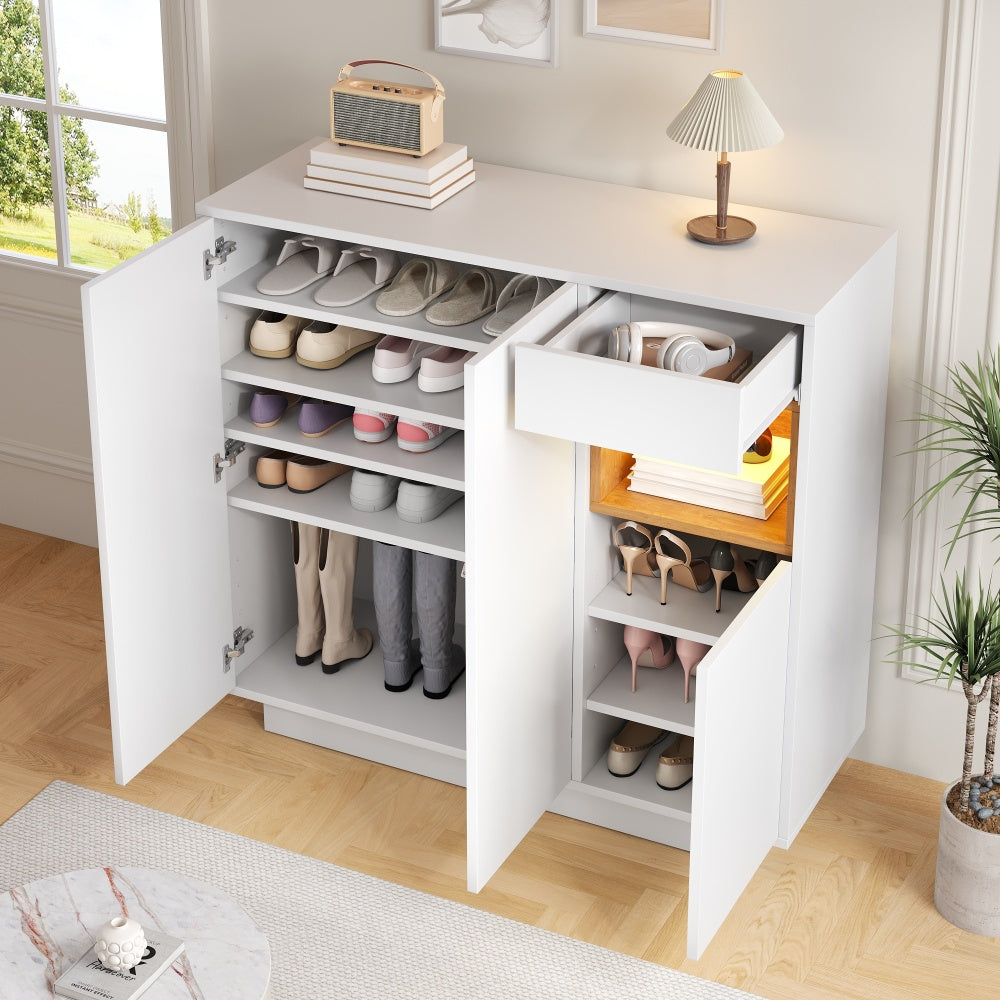 Schoenenkast – Schoenenrek – Schoenenopberger – Schoenenbank – Halmeubel – Wit – Verstelbare Planken en Lades – Ruimtebesparend voor 14-18 Paar Schoenen