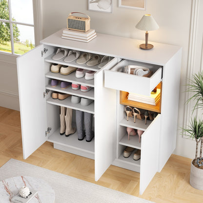 Schoenenkast – Schoenenrek – Schoenenopberger – Schoenenbank – Halmeubel – Wit – Verstelbare Planken en Lades – Ruimtebesparend voor 14-18 Paar Schoenen