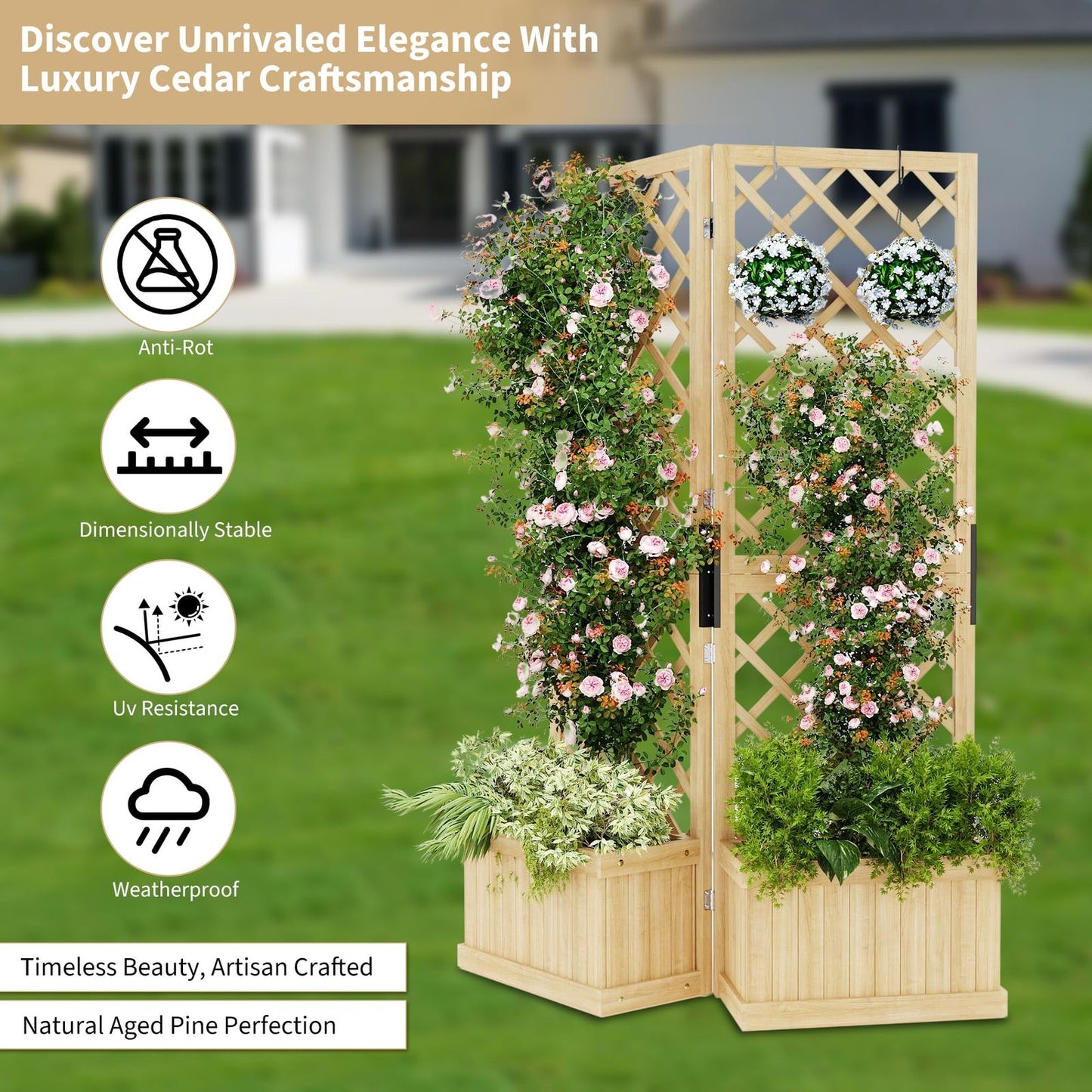 Houten Tuinscherm – Privacy Scherm – Tuinafscheiding – Tuinscherm Scharnierend – Buiten Scherm – 2 Schermen – Met Plantenbak – Afmetingen 104x25x165 cm – Gepolijst Hout Met Drainage