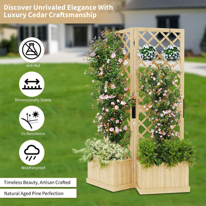 Houten Tuinscherm – Privacy Scherm – Tuinafscheiding – Tuinscherm Scharnierend – Buiten Scherm – 2 Schermen – Met Plantenbak – Afmetingen 104x25x165 cm – Gepolijst Hout Met Drainage