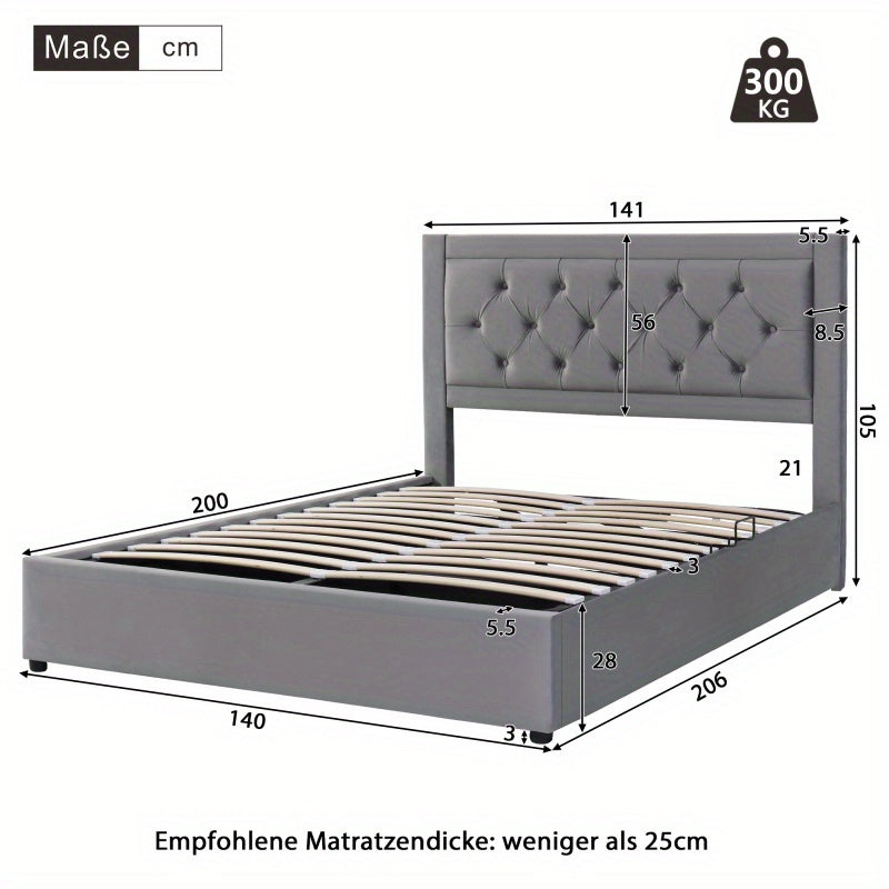 Tweepersoonsbed Chesterfield – Bed – Slaapbank – Logeerbed – Opbergbed – Grijs Velvet – Stalen Frame – Foam Hoofdbord – Opbergruimte Met Lifthendels 140x200 cm