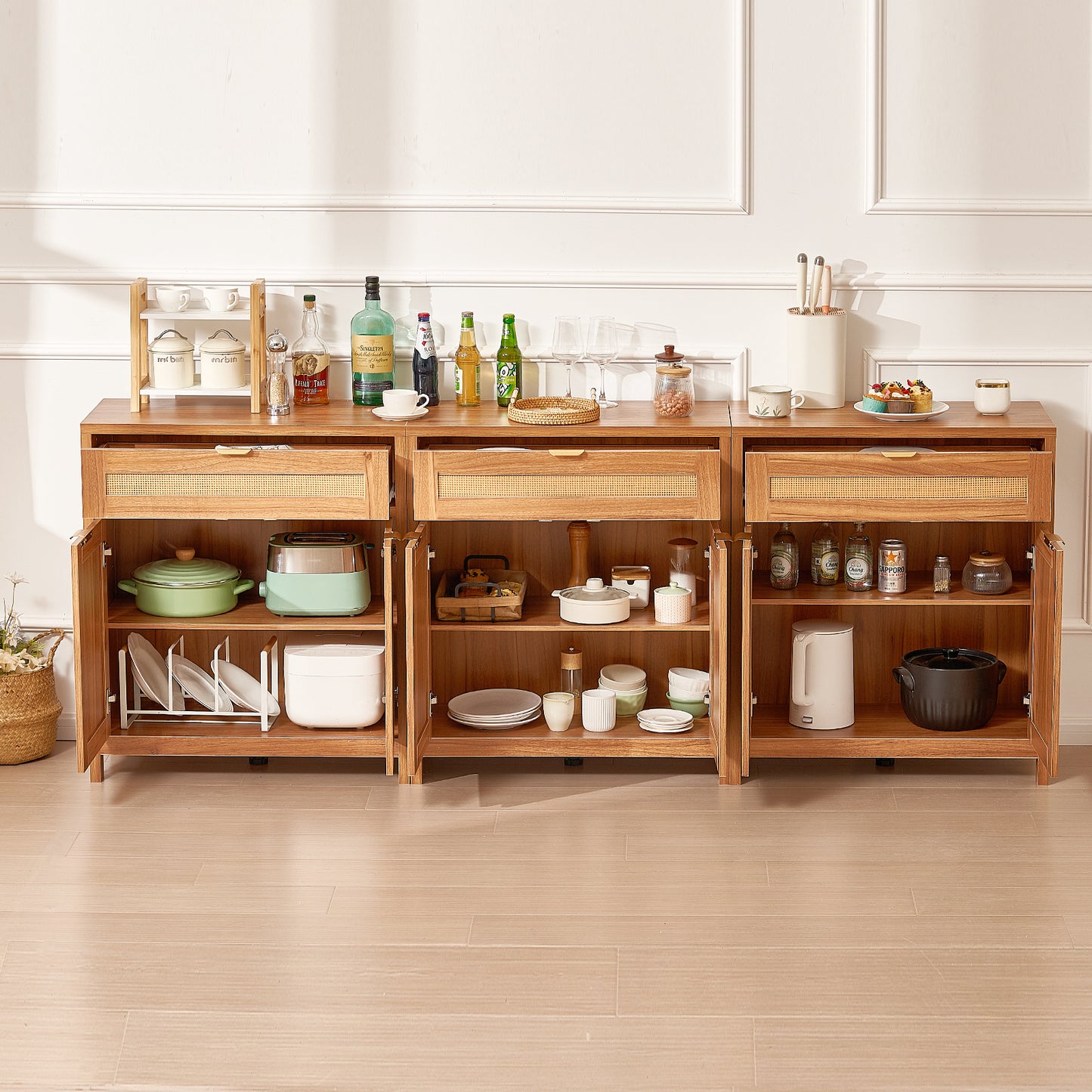 VEVOR Rattan Cabinet with 6 Doors 3 Drawers Adjustable Shelves Set of 3 Natural