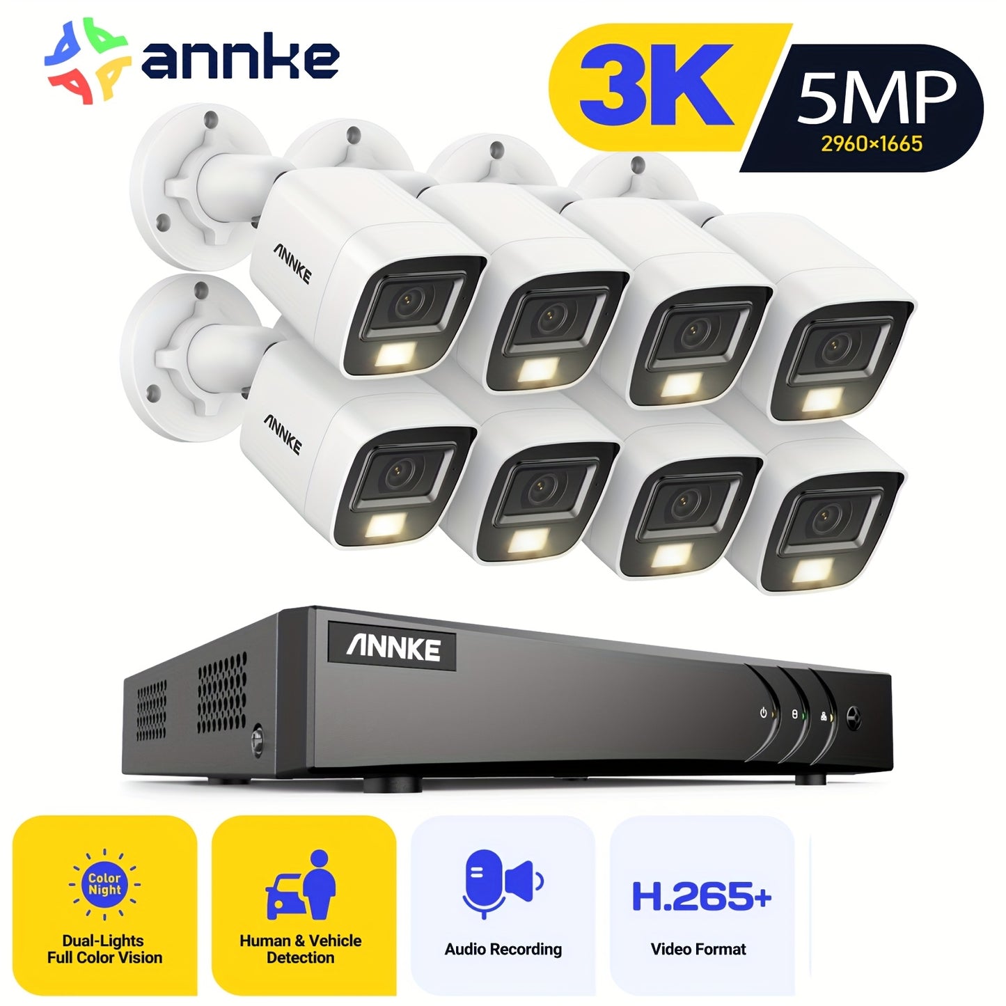 12MP Beveiligingscamera – IP Camera – Camerabewaking – Dome Camera – Veiligheidscamera – Set van 4 – Mens- en Voertuigdetectie – Kleurennachtzicht met Dual Light