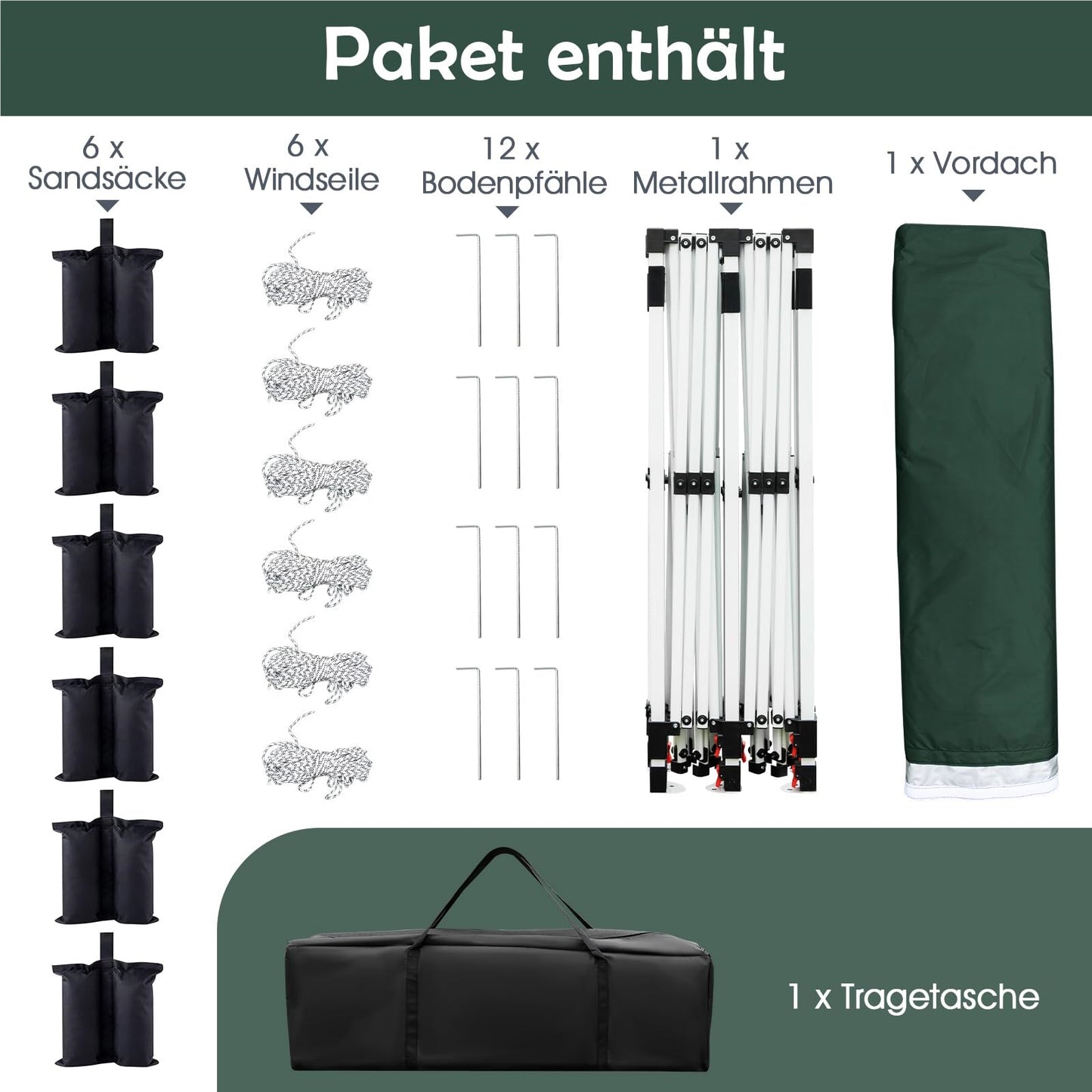 Paviljoen – Vouwtent – Partytent – Tuinkamer – Tent – Waterbestendig – Hoogte verstelbaar – 3x6m – Groen – UV Bescherming SPF50+ – Sterk Metalen Frame