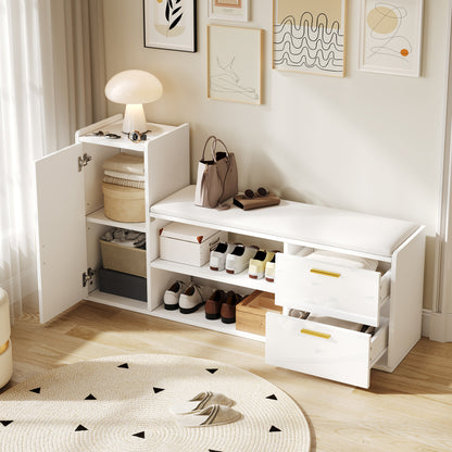 Modern White High-Gloss All-in-One Shoe Cabinet with Bench, Shoe Rack, 2 Drawers & Cupboard - Soft-Padded, -Standing Entryway Storage Furniture Suitable for, Hallway, Office - Space-Saving Organization, Easy Assembly