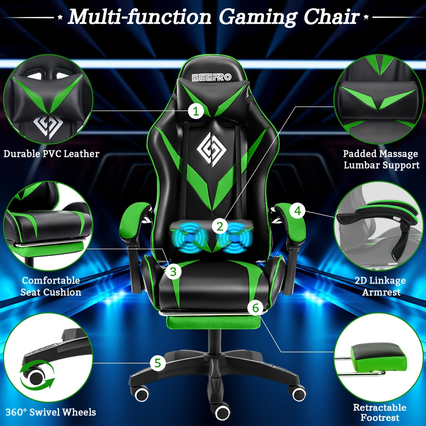 Gamingstoel – Gamestoel – Gaming Chair – Bureaustoel – Game Stoel – Ergonomisch Ontwerp – Massagefunctie Met Voetensteun – Verstelbare Lendensteun – Hoge Rugleuning – Kunstleer – Met Stalen Frame