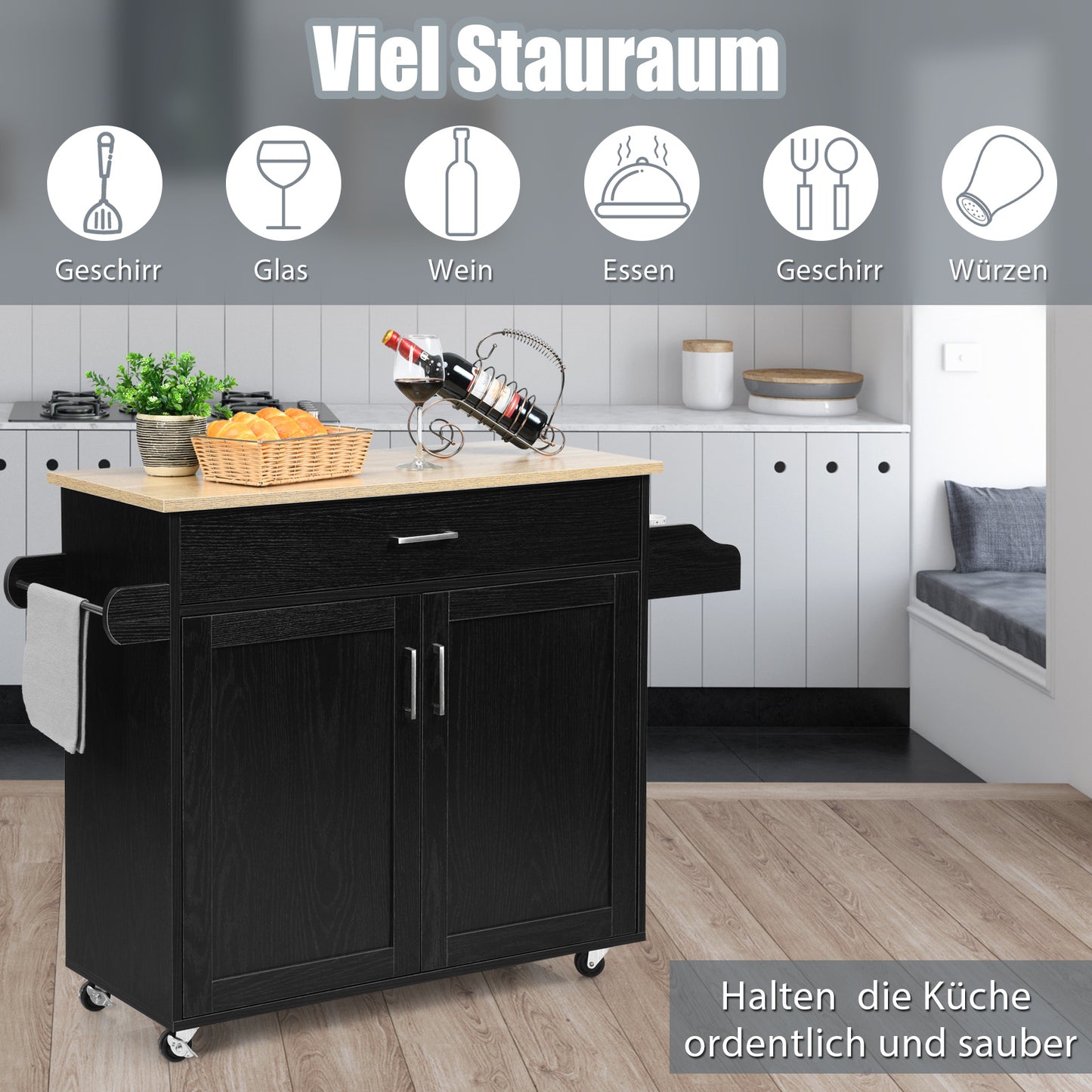 Keukentrolley – Serveerwagen – Keukenkast – Opbergtrolley – Keukenkar – Zwart – Met Handdoekhouder en Kruidenrek – Verstelbare Plank en Lade